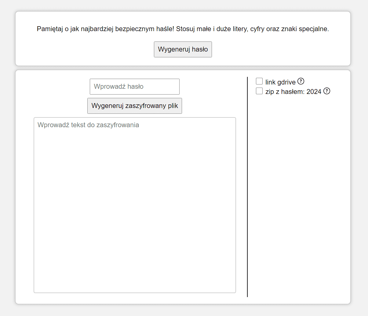 Interfejs generatora szyfrowanych kontenerów HTML