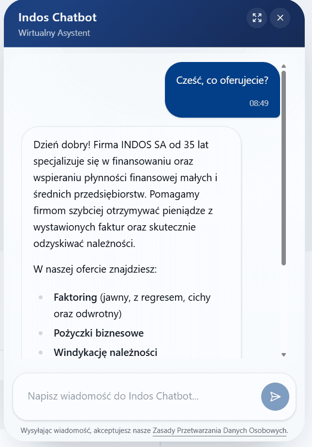 Asystent chatbot Indos osadzony w serwisie firmy